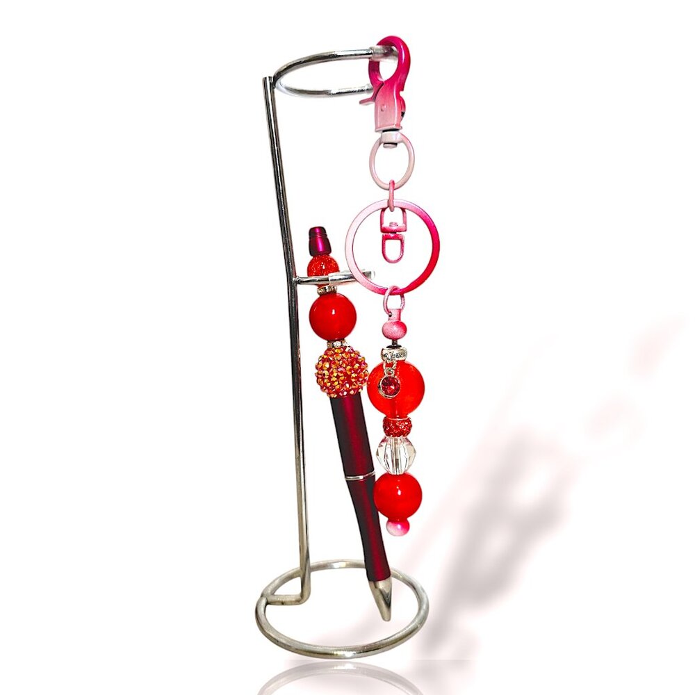 Bubble Bead Pen & Matching Keychain Set, Red Pink Sparkle, Gift Idea Accessory
